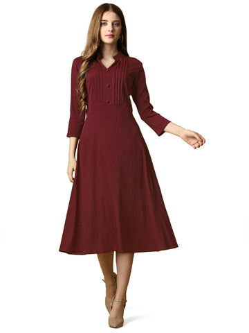 Maroon Party Wear Fit and Flare Western Dress With Collar Neck and 3/4 Sleeve