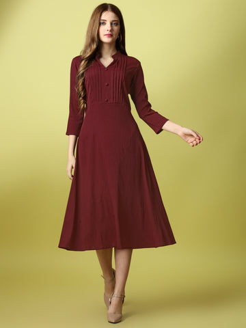 Maroon Party Wear Fit and Flare Western Dress With Collar Neck and 3/4 Sleeve