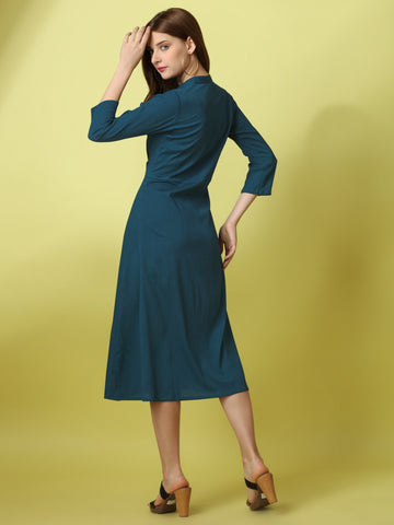 Rama Green Party Wear Fit and Flare Western Dress With Collar Neck and 3/4 Sleeve