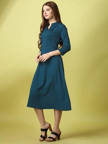 Rama Green Party Wear Fit and Flare Western Dress With Collar Neck and 3/4 Sleeve