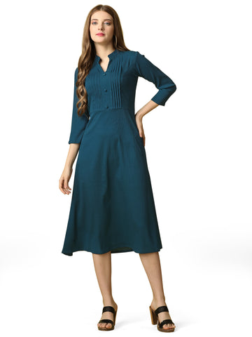 Rama Green Party Wear Fit and Flare Western Dress With Collar Neck and 3/4 Sleeve