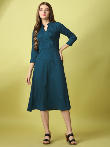 Rama Green Party Wear Fit and Flare Western Dress With Collar Neck and 3/4 Sleeve