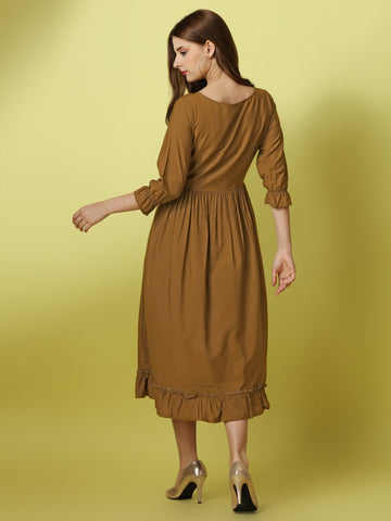 Gold Party Wear Fit and Flare Western Dress With Boat Neck and 3/4 Sleeve