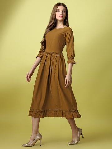 Gold Party Wear Fit and Flare Western Dress With Boat Neck and 3/4 Sleeve