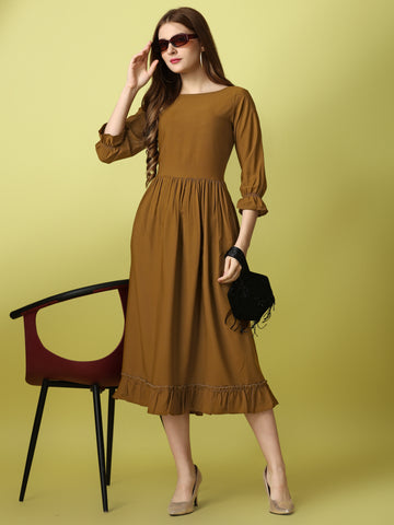 Gold Party Wear Fit and Flare Western Dress With Boat Neck and 3/4 Sleeve