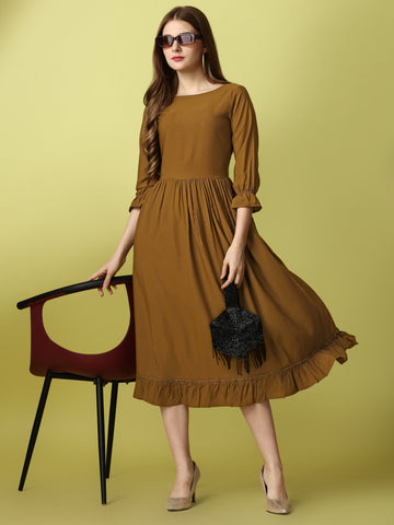 Gold Party Wear Fit and Flare Western Dress With Boat Neck and 3/4 Sleeve