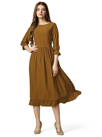 Gold Party Wear Fit and Flare Western Dress With Boat Neck and 3/4 Sleeve