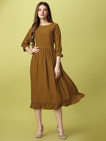 Gold Party Wear Fit and Flare Western Dress With Boat Neck and 3/4 Sleeve