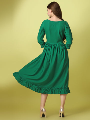 Green Party Wear Fit and Flare Western Dress With Boat Neck and 3/4 Sleeve