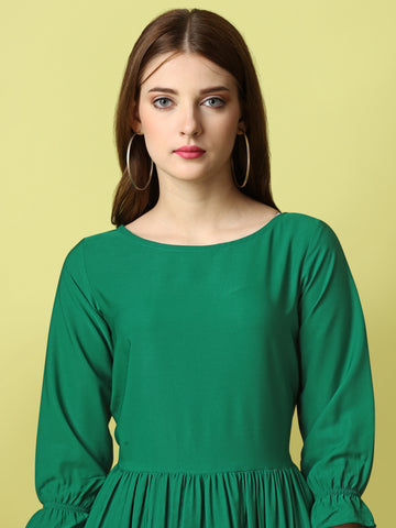 Green Party Wear Fit and Flare Western Dress With Boat Neck and 3/4 Sleeve