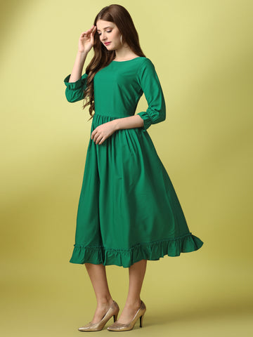 Green Party Wear Fit and Flare Western Dress With Boat Neck and 3/4 Sleeve