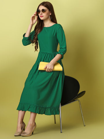 Green Party Wear Fit and Flare Western Dress With Boat Neck and 3/4 Sleeve