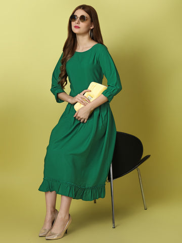 Green Party Wear Fit and Flare Western Dress With Boat Neck and 3/4 Sleeve