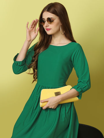 Green Party Wear Fit and Flare Western Dress With Boat Neck and 3/4 Sleeve