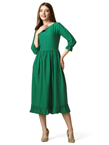 Green Party Wear Fit and Flare Western Dress With Boat Neck and 3/4 Sleeve