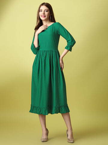 Green Party Wear Fit and Flare Western Dress With Boat Neck and 3/4 Sleeve