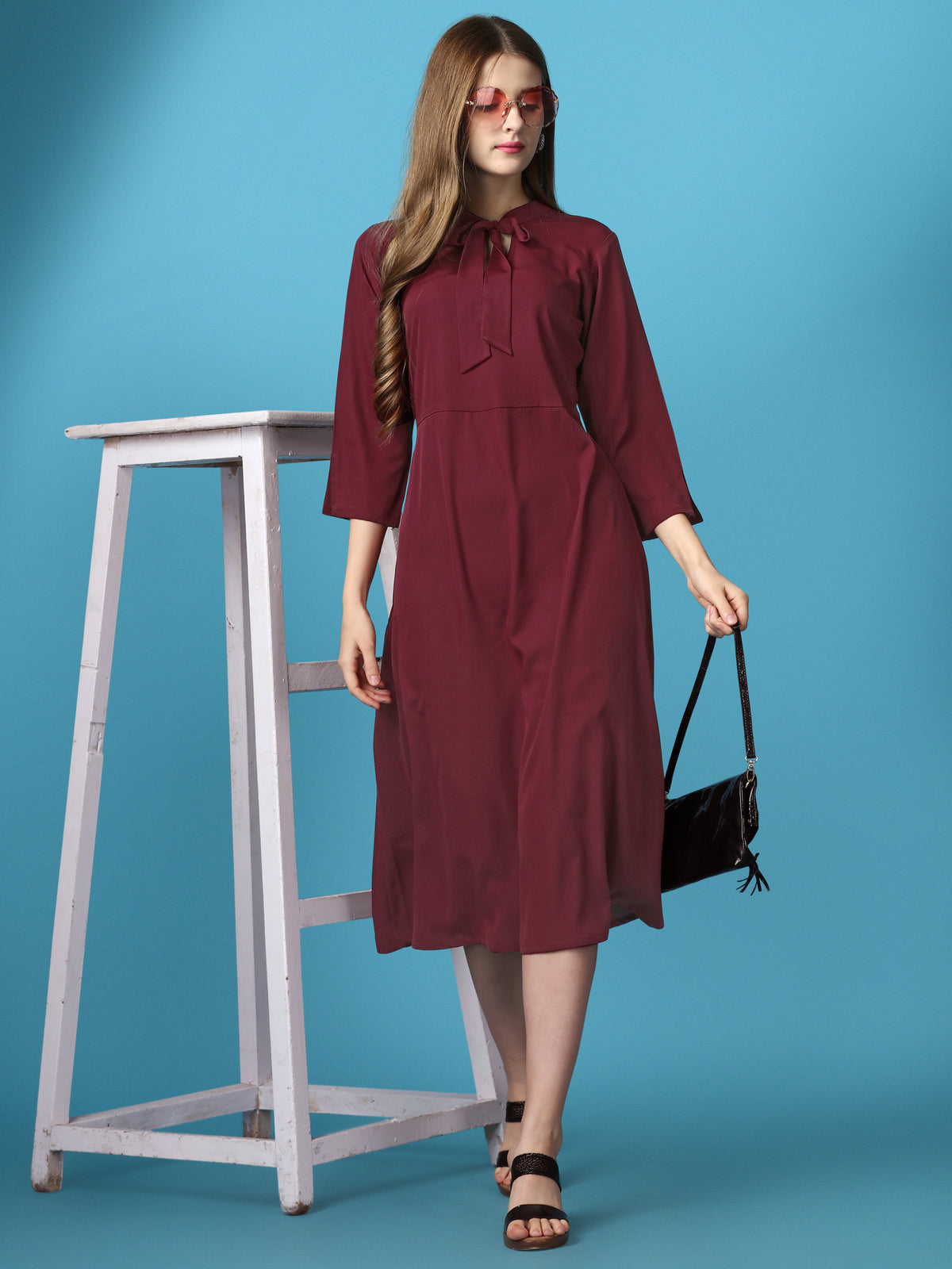 Maroon Party Wear Fit and Flare Western Dress With V-Neck and 3/4 Sleeve