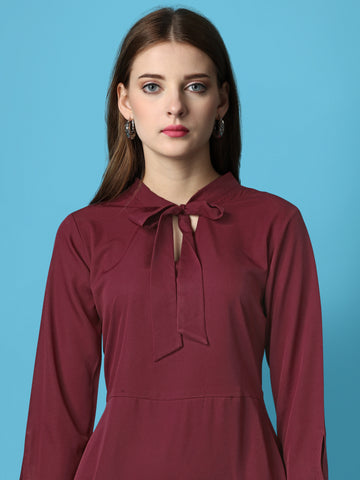 Maroon Party Wear Fit and Flare Western Dress With V-Neck and 3/4 Sleeve