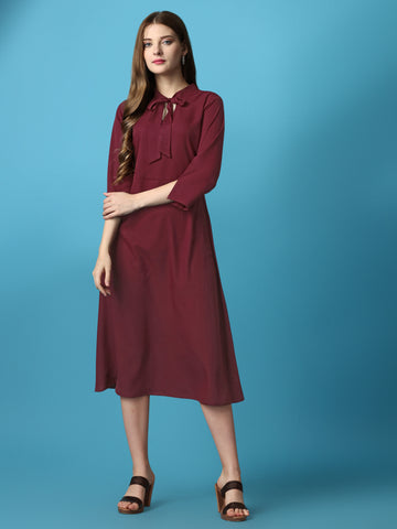 Maroon Party Wear Fit and Flare Western Dress With V-Neck and 3/4 Sleeve