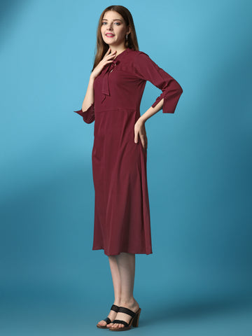 Maroon Party Wear Fit and Flare Western Dress With V-Neck and 3/4 Sleeve