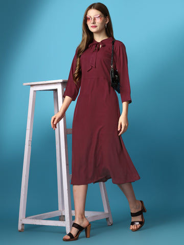 Maroon Party Wear Fit and Flare Western Dress With V-Neck and 3/4 Sleeve