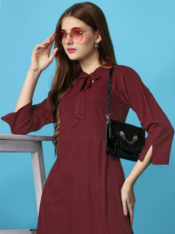 Maroon Party Wear Fit and Flare Western Dress With V-Neck and 3/4 Sleeve