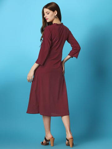 Maroon Party Wear Fit and Flare Western Dress With V-Neck and 3/4 Sleeve