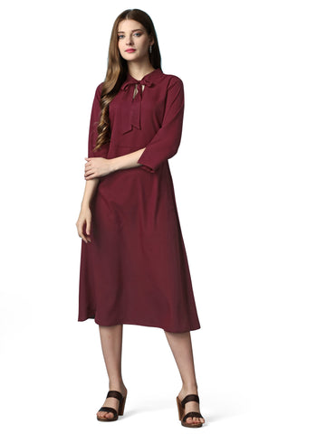 Maroon Party Wear Fit and Flare Western Dress With V-Neck and 3/4 Sleeve