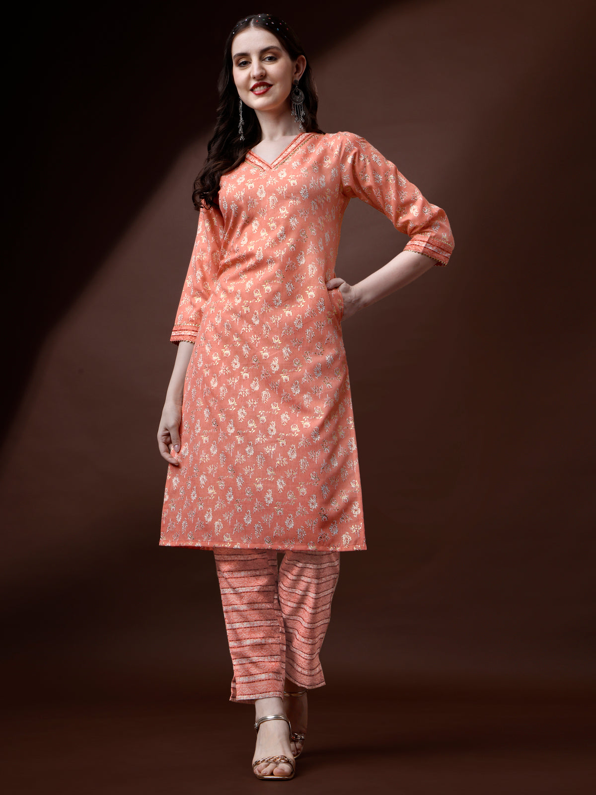 Peach Magic Rayon V-Neck A-Line Kurti with Pant