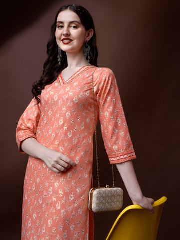 Peach Magic Rayon V-Neck A-Line Kurti with Pant