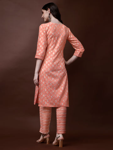 Peach Magic Rayon V-Neck A-Line Kurti with Pant