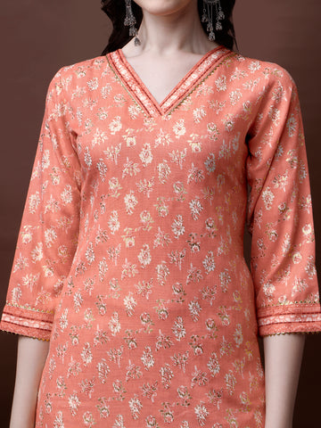 Peach Magic Rayon V-Neck A-Line Kurti with Pant