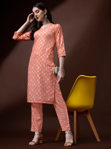 Peach Magic Rayon V-Neck A-Line Kurti with Pant