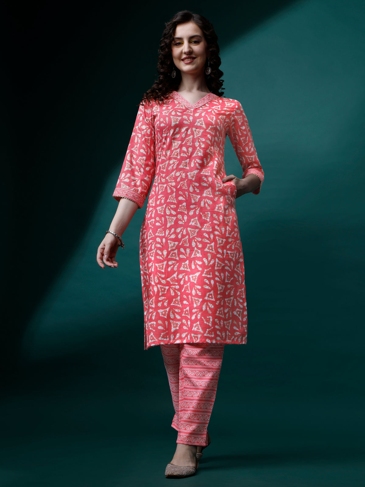 Pink Magic Rayon V-Neck A-Line Kurti with Pant