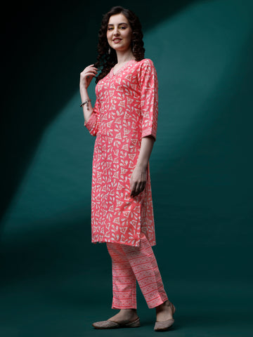 Pink Magic Rayon V-Neck A-Line Kurti with Pant