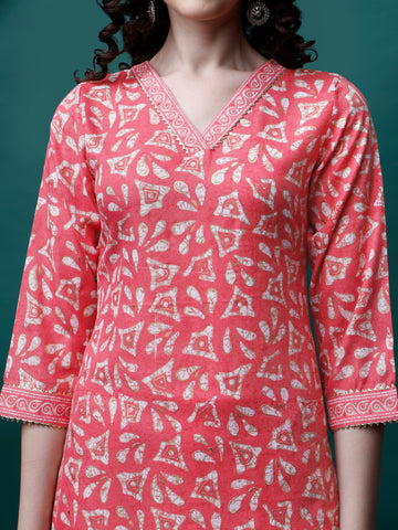 Pink Magic Rayon V-Neck A-Line Kurti with Pant