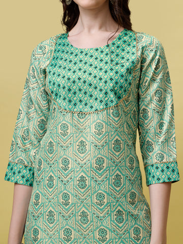 Mint Green Magic Rayon Round Neck A-Line Kurti with Pant