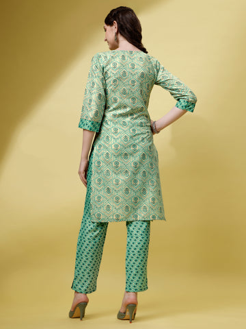 Mint Green Magic Rayon Round Neck A-Line Kurti with Pant