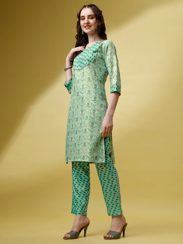 Mint Green Magic Rayon Round Neck A-Line Kurti with Pant