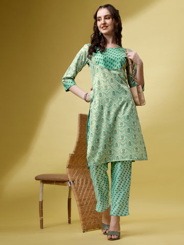 Mint Green Magic Rayon Round Neck A-Line Kurti with Pant