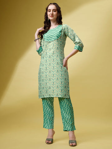 Mint Green Magic Rayon Round Neck A-Line Kurti with Pant