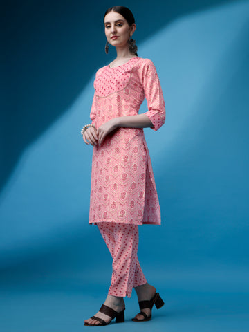 Pink Magic Rayon Round Neck A-Line Kurti with Pant