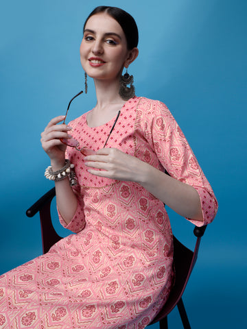 Pink Magic Rayon Round Neck A-Line Kurti with Pant