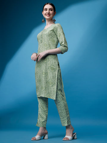 Green Magic Rayon Round Neck A-Line Kurti with Pant