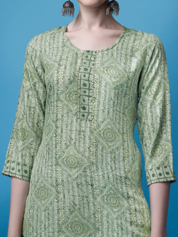 Green Magic Rayon Round Neck A-Line Kurti with Pant