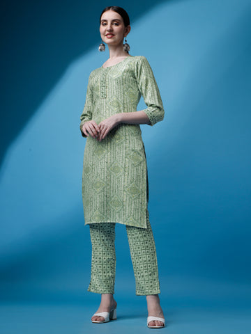 Green Magic Rayon Round Neck A-Line Kurti with Pant