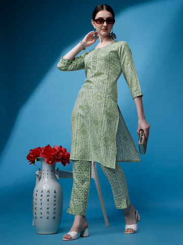 Green Magic Rayon Round Neck A-Line Kurti with Pant