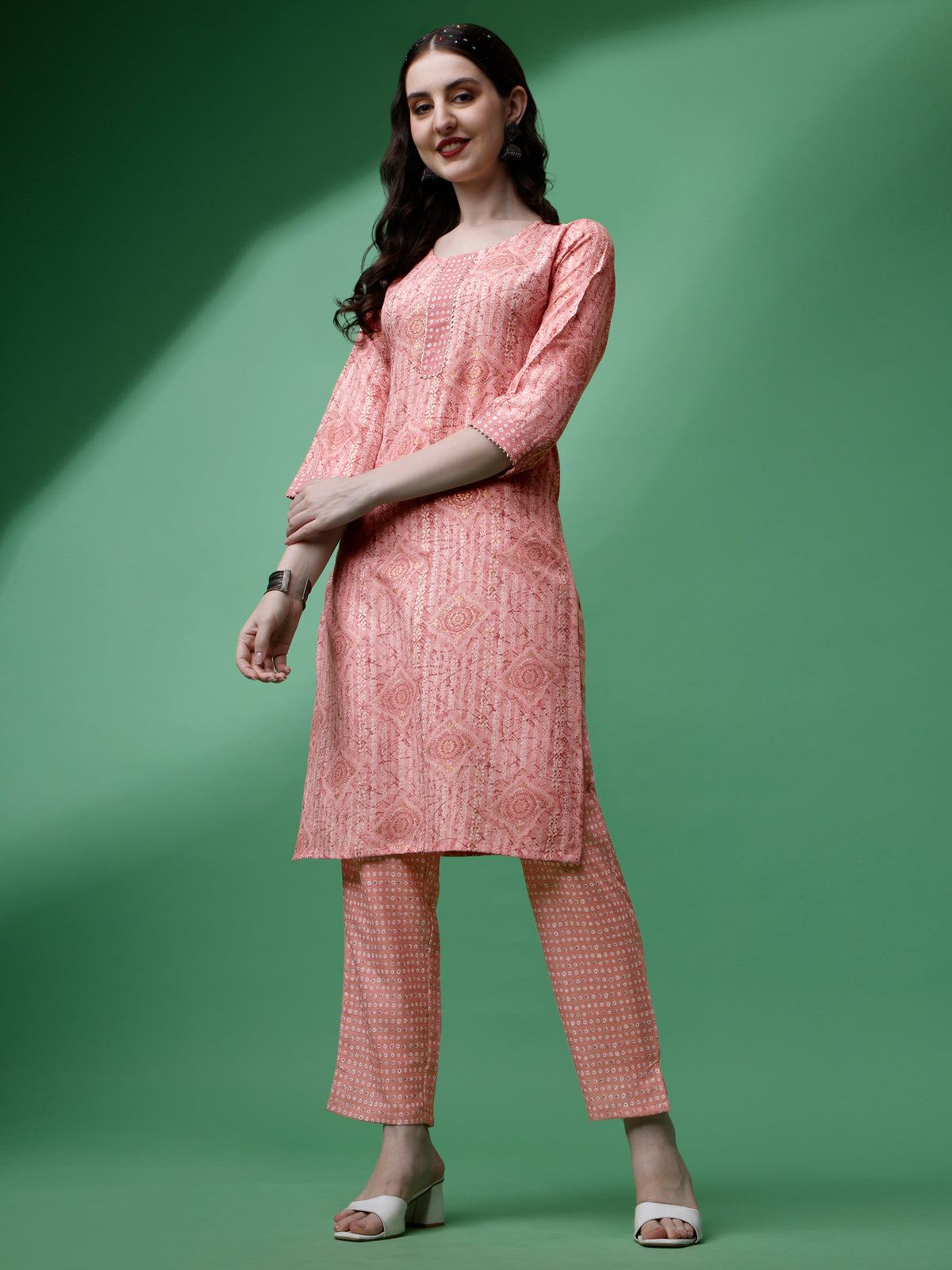 Peach Magic Rayon Round Neck A-Line Kurti with Pant