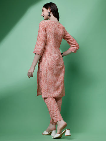 Peach Magic Rayon Round Neck A-Line Kurti with Pant