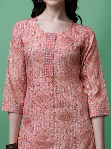 Peach Magic Rayon Round Neck A-Line Kurti with Pant